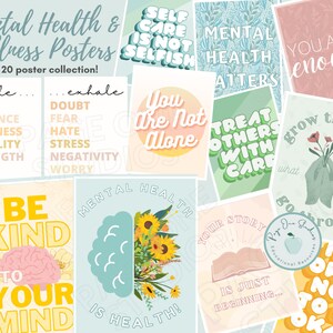 Pósteres y tarjetas sobre salud mental y bienestar para promover la mentalidad de crecimiento, la resiliencia y la autocompasión (conjunto completo de 20 pósteres, en formato digital)