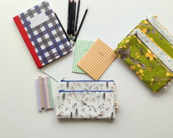Handmade Cotton Floral and Bird Pencil Case - Multi-Pocket Stationery Organizer
