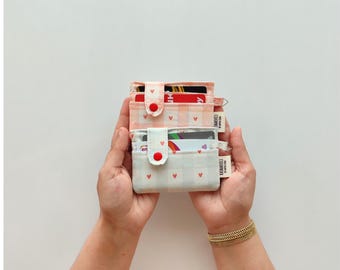 Handmade Heart Print Vegan Card Holder - Snap Wallet with Keyring