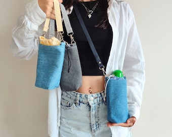 Handmade Denim Crossbody Water Bottle Sling - Hiking Hydration Bag