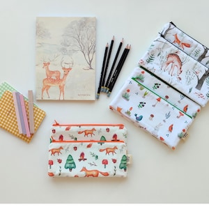 Estojo de lápis fino de algodão Fox feito à mão - Bolsa com zíper e vários bolsos para escolas e professores