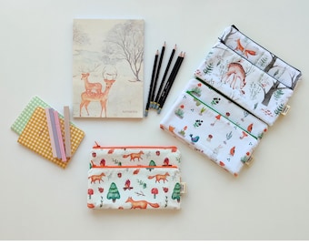 Handmade Slim Cotton Fox Pencil Case - Multi-Pocket Zipper Pouch for School & Teachers
