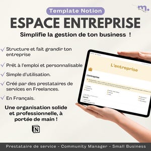 Peut inclure: Capture d'écran d'un modèle Notion pour la gestion d'une entreprise. Le modèle s'appelle "Espace Entreprise" et est en français. Le modèle est conçu pour aider les utilisateurs à structurer et à développer leur entreprise. Il est personnalisable et facile à utiliser. Le modèle est créé par des freelances et est disponible en français.
