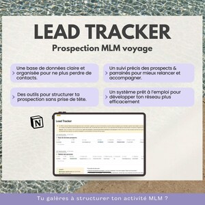Può includere: Una guida di marketing digitale per le aziende MLM, con un focus sul tracciamento dei lead e la prospection. La guida presenta uno screenshot di un foglio di calcolo con colonne per le informazioni di contatto, le date di follow-up e le note. Il testo sull'immagine recita "Lead Tracker: Prospection MLM voyage".