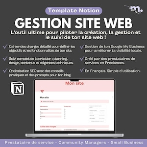 Peut inclure: Une capture d'écran d'un modèle Notion pour la gestion d'un site web. Le modèle comprend des sections pour définir les objectifs, la planification, la conception, le contenu, l'optimisation SEO et les listes de tâches. Le modèle est conçu pour être utilisé par les créateurs et les gestionnaires de sites web.