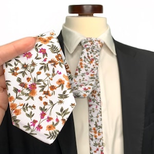 Wild flower Rust orange and Cognac Brown wedding tie, Burnt orange floral tie, Terracotta floral tie, Sedona and dark green tie, Neckties