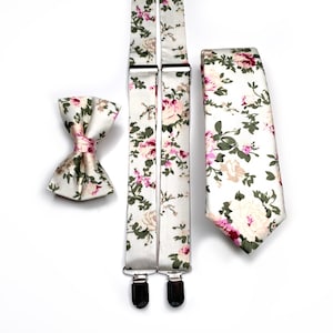 CREAM Floral Tie , Blush pink and Dusty sage floral Necktie , Wedding Necktie , Bow Tie , Suspenders , Pocket square , Kids tie and bow tie