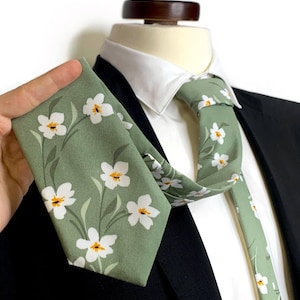SAGE Green Floral Necktie , Dusty Sage floral Tie, White flowers Wedding Necktie ,Bow Tie , Suspenders , Pocket square ,Kids tie and bow tie