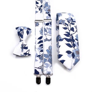 DUSTY BLUE Floral Necktie , White floral Tie, Blue Wedding Necktie , Bow Tie , Suspenders , Pocket square , Kids tie and bow tie