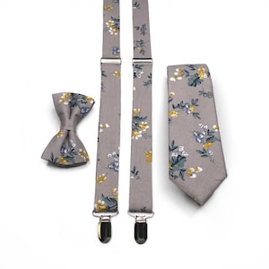 GREY Floral Tie , Blue and Yellow Mustard floral Necktie , Wedding Necktie ,Bow Tie , Suspenders , Pocket square , Kids tie and bow tie