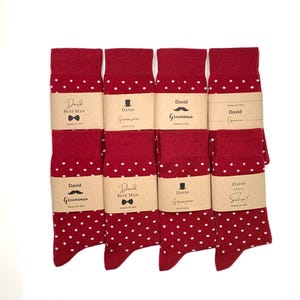 Burgundy Personalized Groomsmen Polka Dot Socks , Solid / Plain Wine Wedding Socks, Groomsmen gift , Groomsmen Proposal, Custom Sock Labels