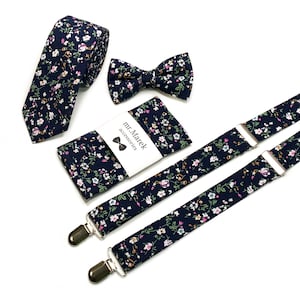 Navy Blue Wild flower Necktie, Marine Floral Tie, Green and White, Rust wedding tie, Burnt orange floral tie, Pocket square , Suspenders