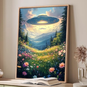 Printed & Shipped Vibrant Alien Poster Art Print | Retro Futurism UFO Weird Painting Surreal Wildflower Meadow Design Alien Abduction