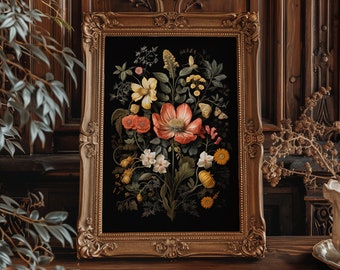 Dark Floral Giclée Print, Moody Botanical Art, Vintage Style (Unframed)