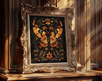 May include: A framed illustration of a butterfly with intricate details, surrounded by floral elements. The butterfly is depicted in shades of orange, yellow, and brown, with a dark background.