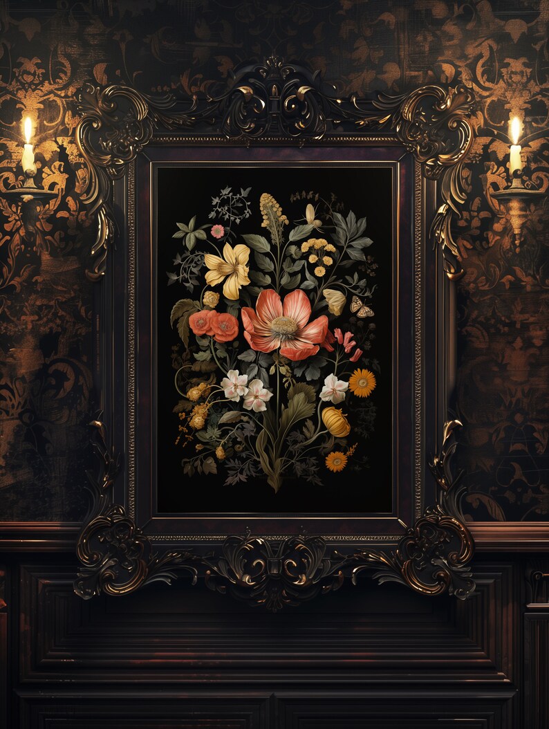 Dark Academia Botanical Print 'flowers in Black', Moody Floral Wall Art ...