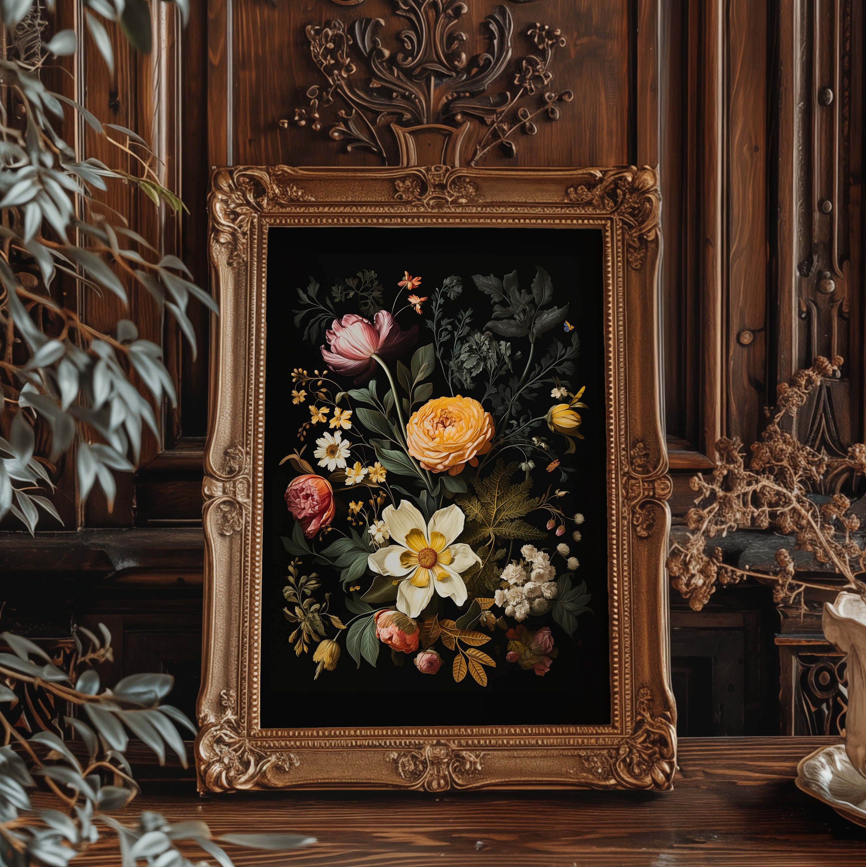 Dark Academia Botanical Print 'flowers in Black', Moody Floral Wall Art ...