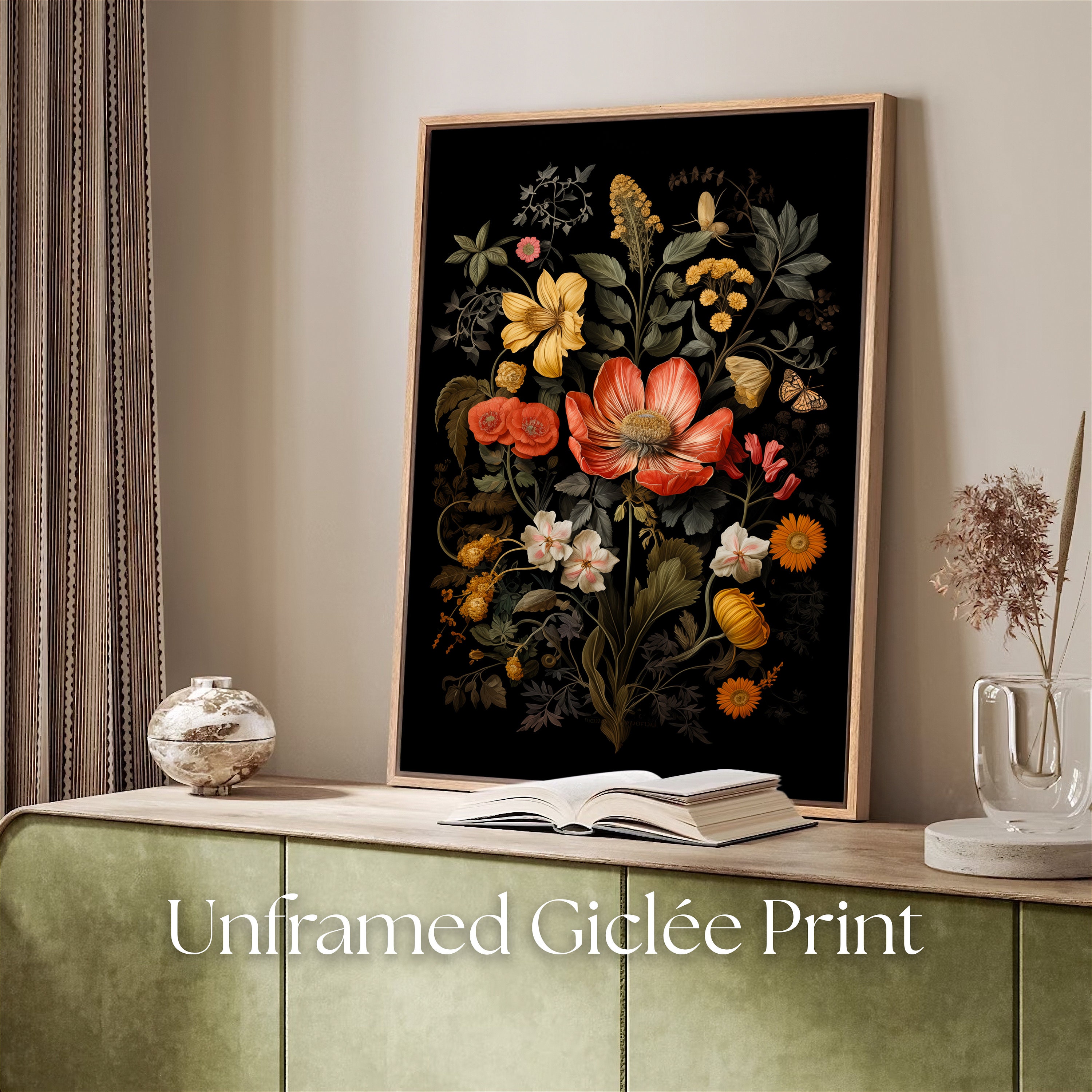 Dark Academia Botanical Print 'flowers in Black', Moody Floral Wall Art ...