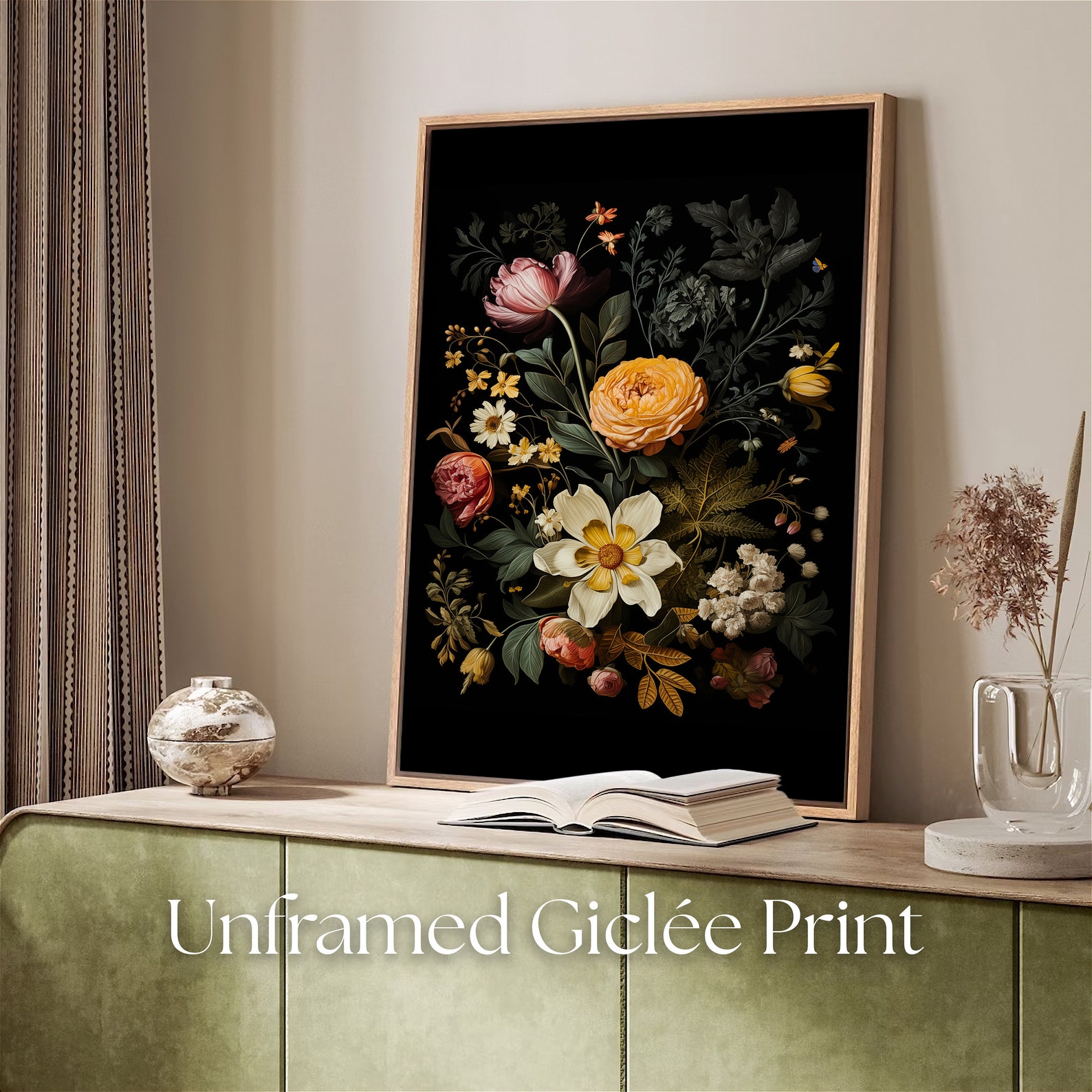 Dark Academia Botanical Print 'flowers in Black', Moody Floral Wall Art ...