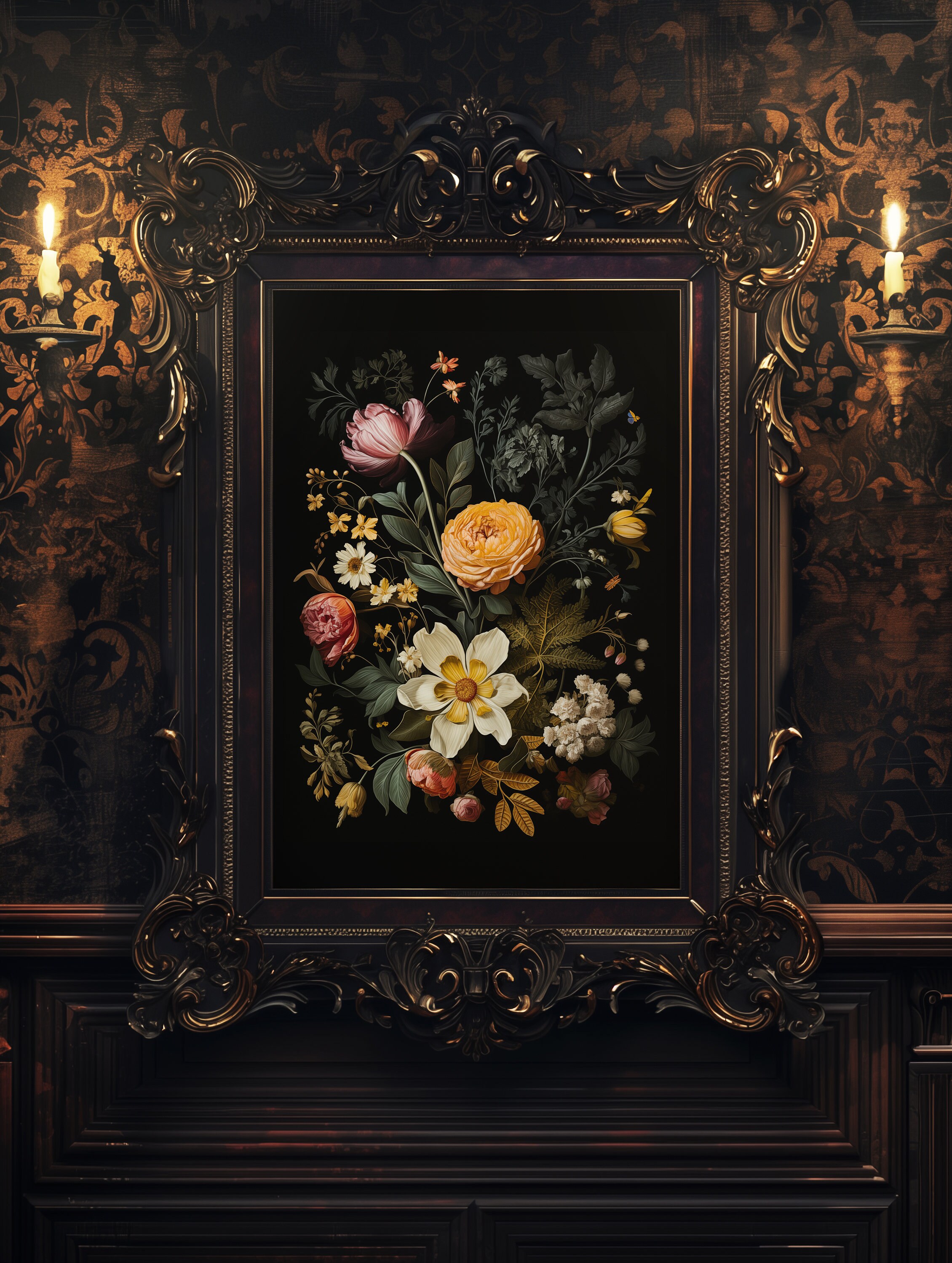 Dark Academia Botanical Print 'flowers in Black', Moody Floral Wall Art ...