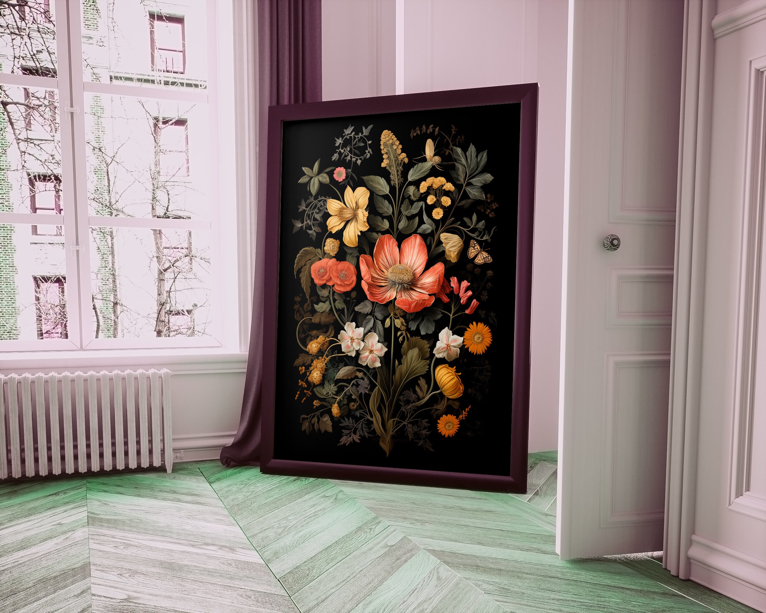 Dark Academia Botanical Print 'flowers in Black', Moody Floral Wall Art ...