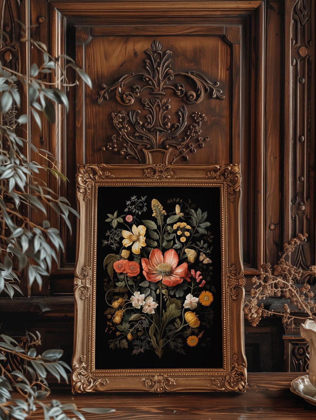 Dark Academia Botanical Print 'flowers in Black', Moody Floral Wall Art ...