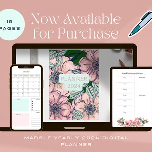 May include: A digital planner with 19 pages featuring a floral design. The planner includes a monthly calendar, weekly schedule, and weekly dinner planner. The text "PLANNER 2024" is visible on the cover.