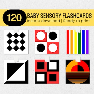 120 hoog contrast babykaartenbundel, afdrukbare Montessori monochrome sensorische flashkaarten, ontwikkeling van baby's en baby's, PDF digitale download