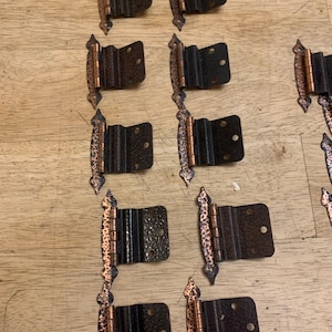 Set of 10 vintage Hinges hammered copper look for cupboards with screws