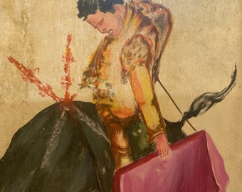 A. Patena Combattimento di tori dipinto originale vernice a colori rari su telaio
