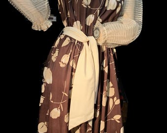 Vintage BoHo Comfy Dress brown/cream floral sheer sleeves cute
