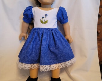 Blue floral print dress with hand embroidered bodice for 18 inch dolls like American Girl dolls