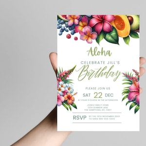 Hawaiian Birthday Luau Invitation Digital Download Printable Tropical Fruit and Flowers Adult Invite