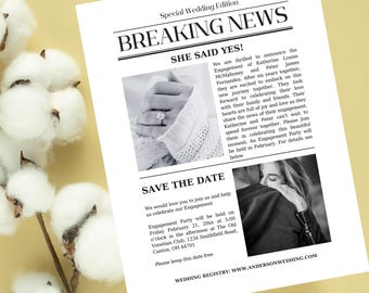 Newspaper Engagement Announcement Template, Editable Wedding Announcement Canva Design, Printable Engagement Notice, Save the Date