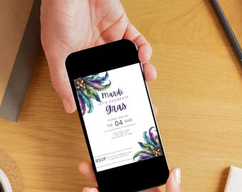 May include: A smartphone displaying a Mardi Gras invitation with a colorful feather design. The invitation reads "Mardi Gras Let's Celebrate" and "Please join us Tue 04 Mar".