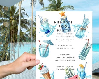 Summer Party Invitation Editable Pool Party Digital Download Printable Boys Birthday Invite Template