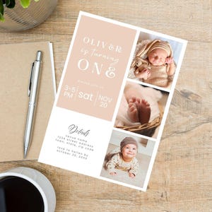 1st Birthday Photo Invitation Digital Download Printable 3 Photo Invite