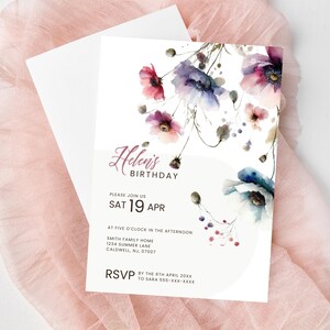 Wildflower Floral Birthday Invitation Template Digital Download Printable Adult Birthday Invite