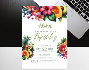 May include: Aloha Celebrate Jill's Birthday invitation with tropical fruit and flower illustrations. The invitation includes the date, time, and location of the party. RSVP by November 18th to Sara 555-XXX-XXXX.