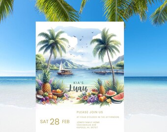 May include: A luau invitation with a watercolor illustration of palm trees, a beach, and a boat. The text reads "KIA'S Luau", "SAT 28 FEB", "RSVP", "PLEASE JOIN US AT FOUR O'CLOCK IN THE AFTERNOON", "JONES FAMILY HOME 1234 KAHLUA AVE KAPOLEI, HI 96707", "BY THE 16TH FEBRUARY 20XX TO SUE 555-XXX-XXXX".
