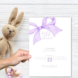 Lavender Bow Baby Shower Invitation Template Coquette Digital Download Printable Invite
