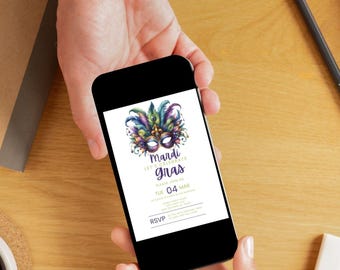 May include: A smartphone displaying a Mardi Gras invitation with a colorful mask and the text "Let's Celebrate Mardi Gras. Please join us Tue 04 Mar".