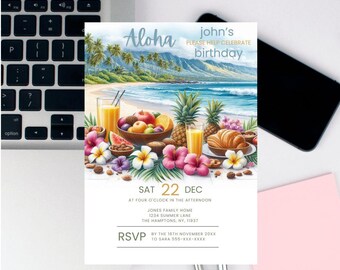 May include: Aloha themed birthday party invitation with a tropical beach scene, a table with fruit, pastries, and drinks, and the text "Aloha john's PLEASE HELP CELEBRATE birthday SAT 22 DEC AT FOUR O'CLOCK IN THE AFTERNOON JONES FAMILY HOME 1234 SUMMER LANE THE HAMPTONS, NY, 11937 RSVP BY THE 18TH NOVEMBER 20XX TO SARA 555-XXX-XXXX".
