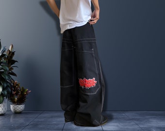 Jeans baggy vintage streetwear | Jean taille haute rétro Y2K décontracté | Pantalon cargo croisé