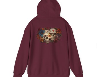 Unisex Heavy Blend Hooded Hoodies, "Flower Skull Duo" Hoodie with Skull and Flower Printed Graphics, Aesthetic Clothes Trendy Hoodies