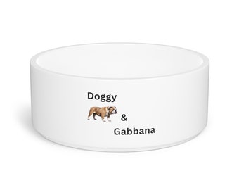 Pet Bowl "English Bulldog", Classic Dog Water and Food Dish, Pet Owner Dog Accessory, Microwave and Dishwasher Safe White Ceramic Dog Bow