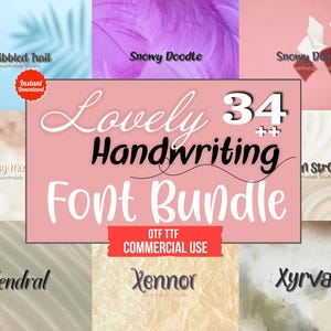 May include: A digital font bundle with 34+ handwriting fonts. The image features a pink background with the words "Lovely Handwriting Font Bundle" in white and black. Includes OTF and TTF files for commercial use.