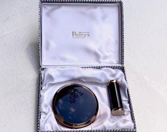 Coffret vintage poudrier et rouge à lèvres en émail noir Patrys état neuf