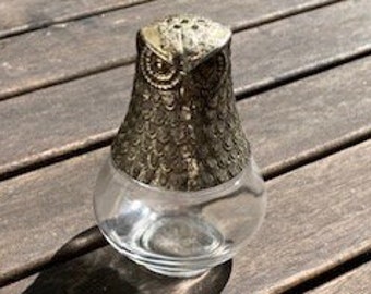 Ancienne salière hibou en verre et métal argenté