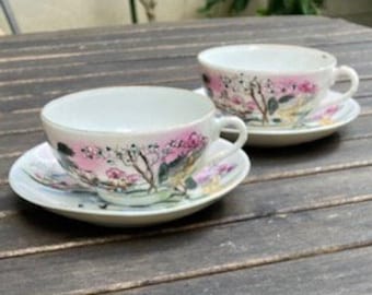 Dúo de té japonés de porcelana de cáscara de huevo firmado